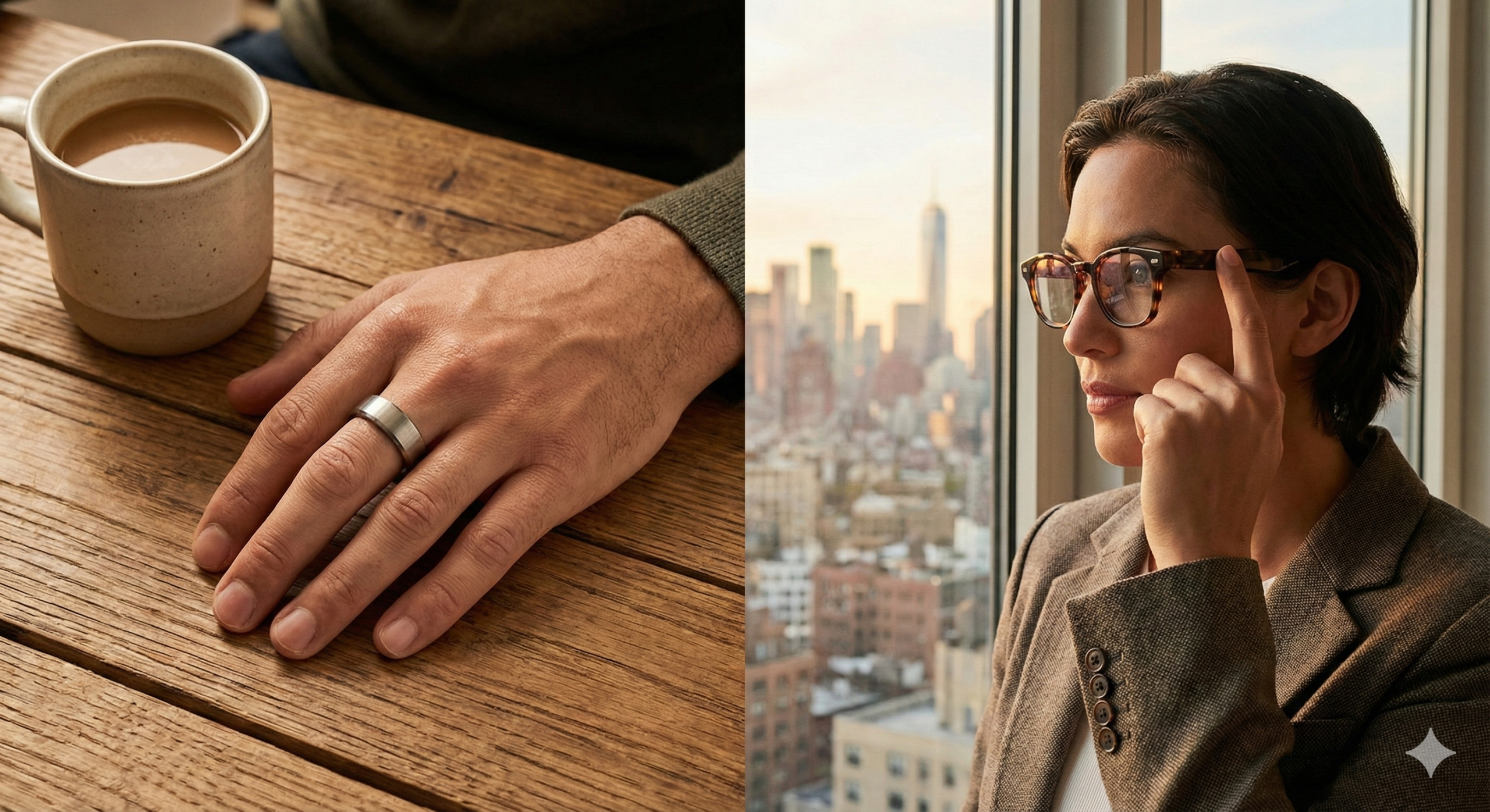 Split-screen comparison: A hand wearing a sleek titanium smart ring on a wooden desk vs a woman wearing modern smart glasses tapping the frame.