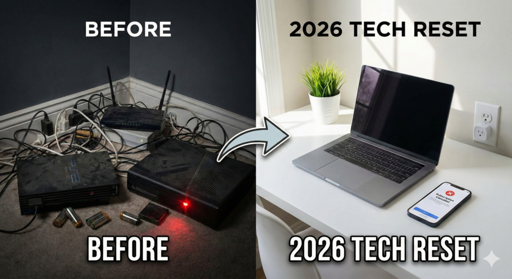 2026 tech reset guide showing messy cables versus a clean organized desk
