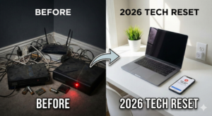 2026 tech reset guide showing messy cables versus a clean organized desk