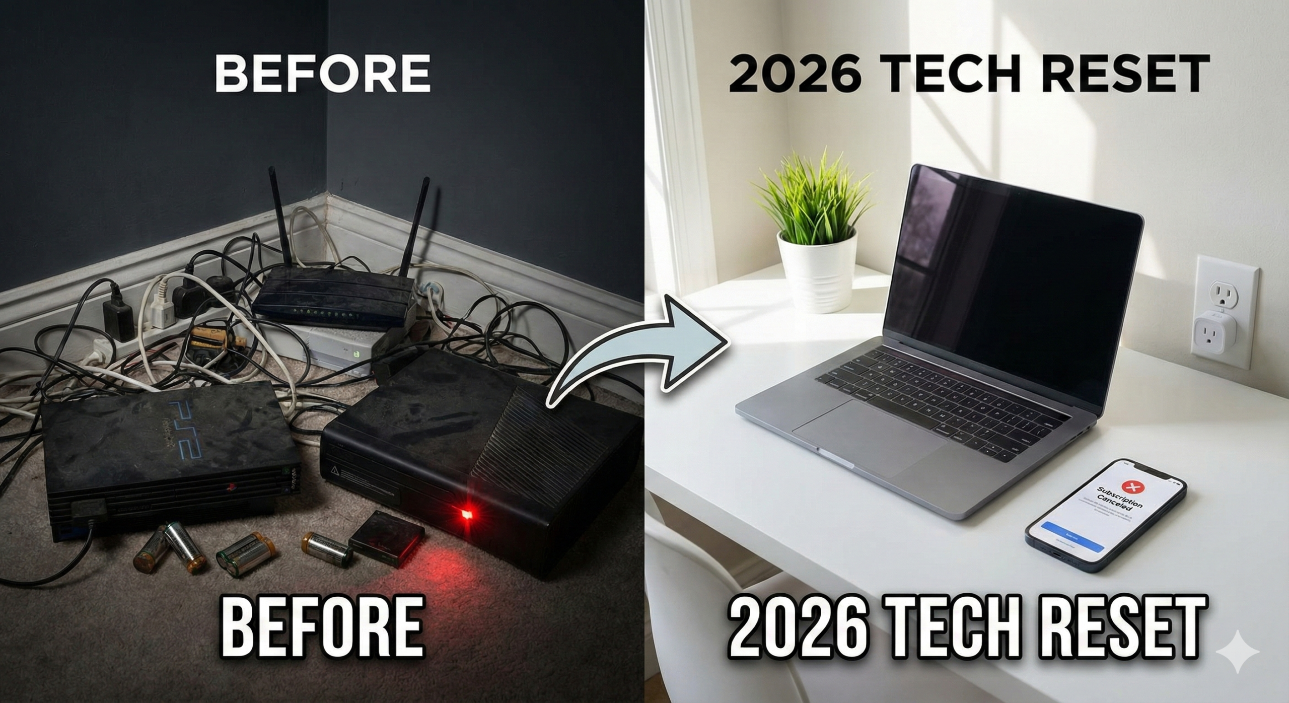 2026 tech reset guide showing messy cables versus a clean organized desk