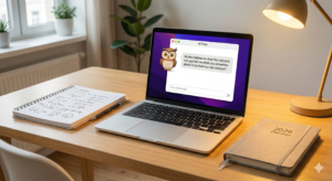 AI Study Tools 2026 showing a safe tutoring interface on a student laptop.