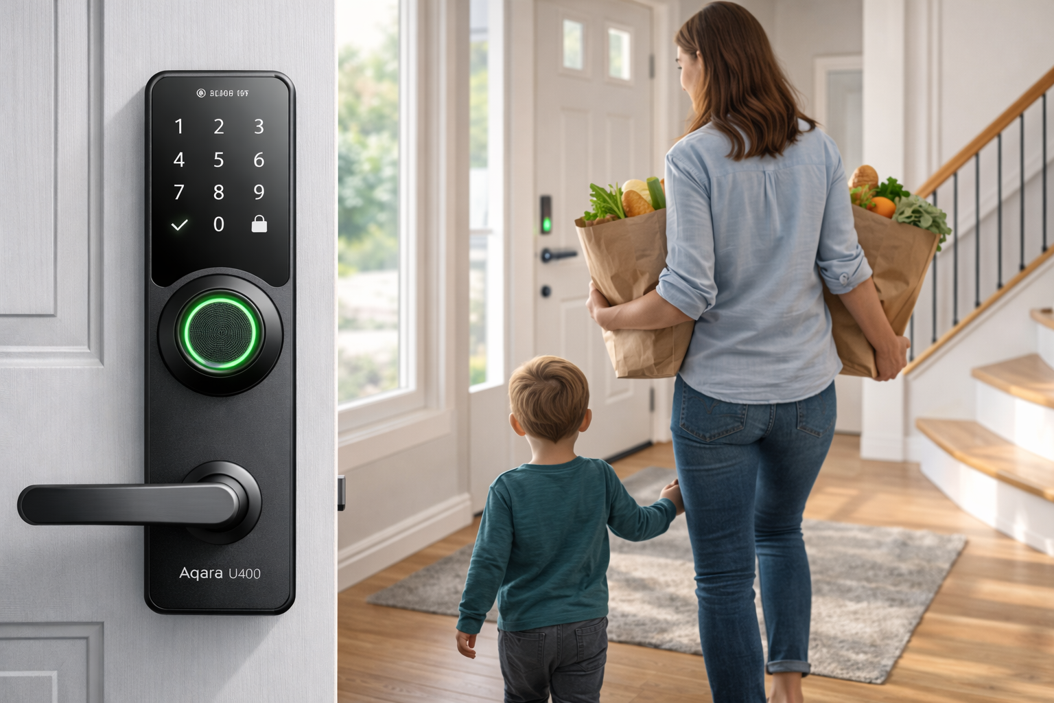 A parent with full hands approaching an automatically unlocking Aqara Smart Lock U400