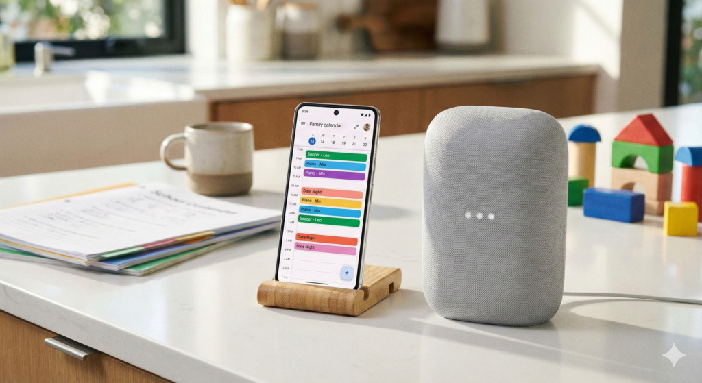 A smartphone displaying a color-coded family calendar app sitting on a clean kitchen counter next to a smart speaker and organized school papers, representing the best AI family organizer apps of 2026.