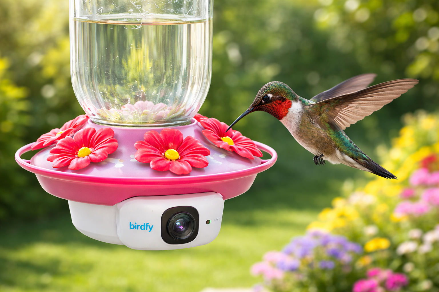 A hummingbird feeding at the Birdfy Hum Bloom smart camera feeder.