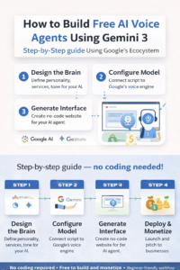 A flat-lay photograph of a modern desk setup illustrating the workflow for building free AI voice agents with Gemini, featuring a laptop displaying the Gemini logo, a notebook with "AI VOICE AGENTS" notes, and a pen, representing the four steps outlined in the guide.