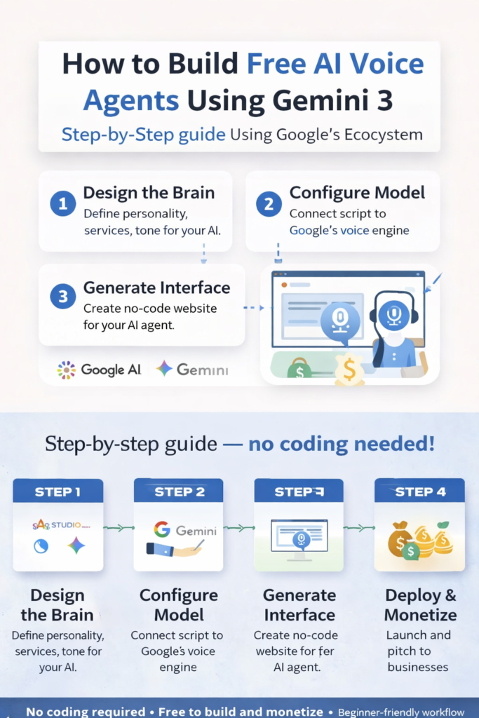 A flat-lay photograph of a modern desk setup illustrating the workflow for building free AI voice agents with Gemini, featuring a laptop displaying the Gemini logo, a notebook with "AI VOICE AGENTS" notes, and a pen, representing the four steps outlined in the guide.