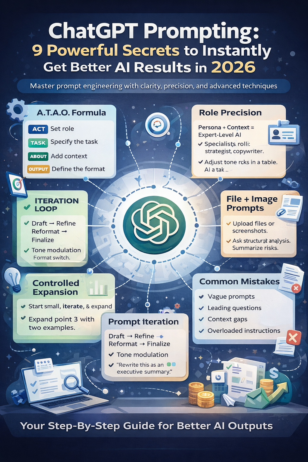 ChatGPT prompting infographic showing the A.T.A.O formula and advanced prompt engineering techniques for better AI results in 2026