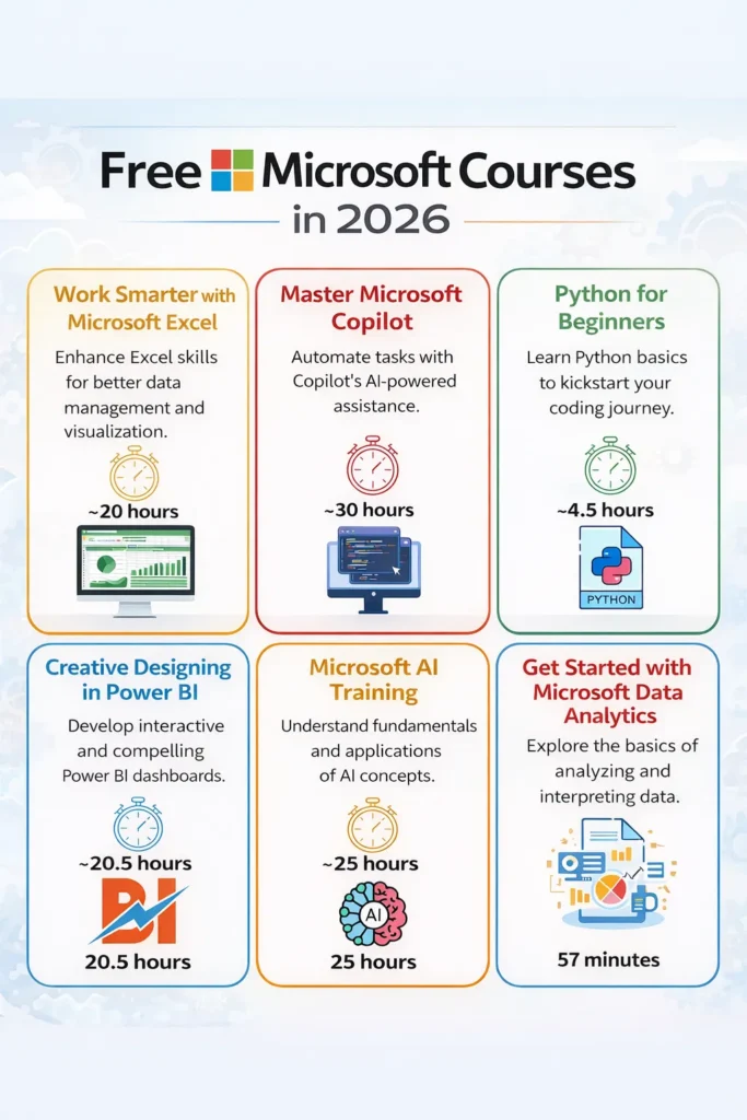 Free Microsoft courses in 2026 including Excel, Microsoft Copilot, Python for beginners, Power BI design, AI training, and data analytics with course durations