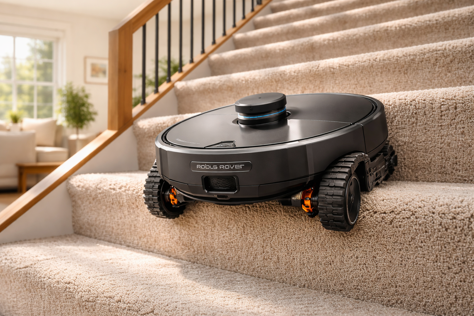 Roborock Saros Rover robot vacuum climbing stairs in a family home, one of the top CES 2026 smart home gadgets.