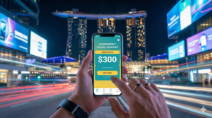 Hand holding a smartphone displaying the 2026 Singapore CDC Voucher digital claim interface, set against a futuristic night view of the Singapore skyline.
