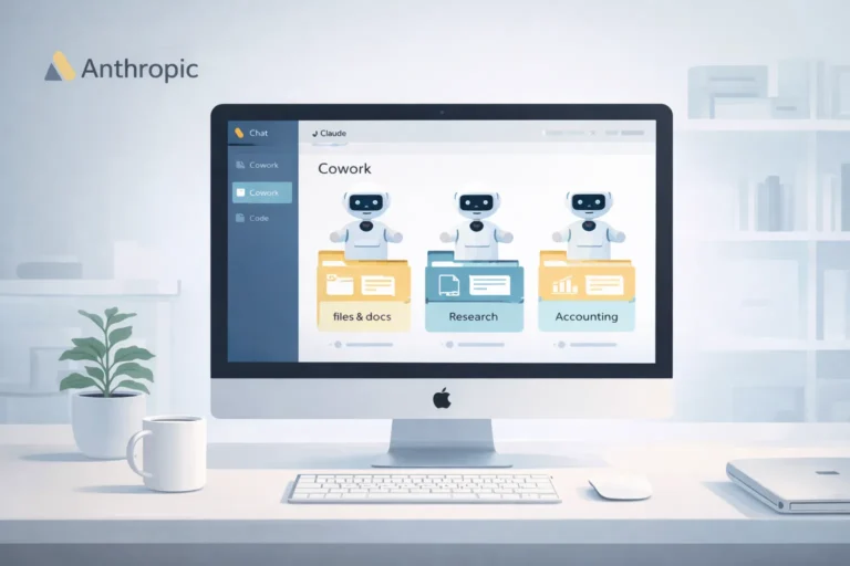Claude Cowork guide showing Anthropic AI agents automating real business tasks on a desktop computer