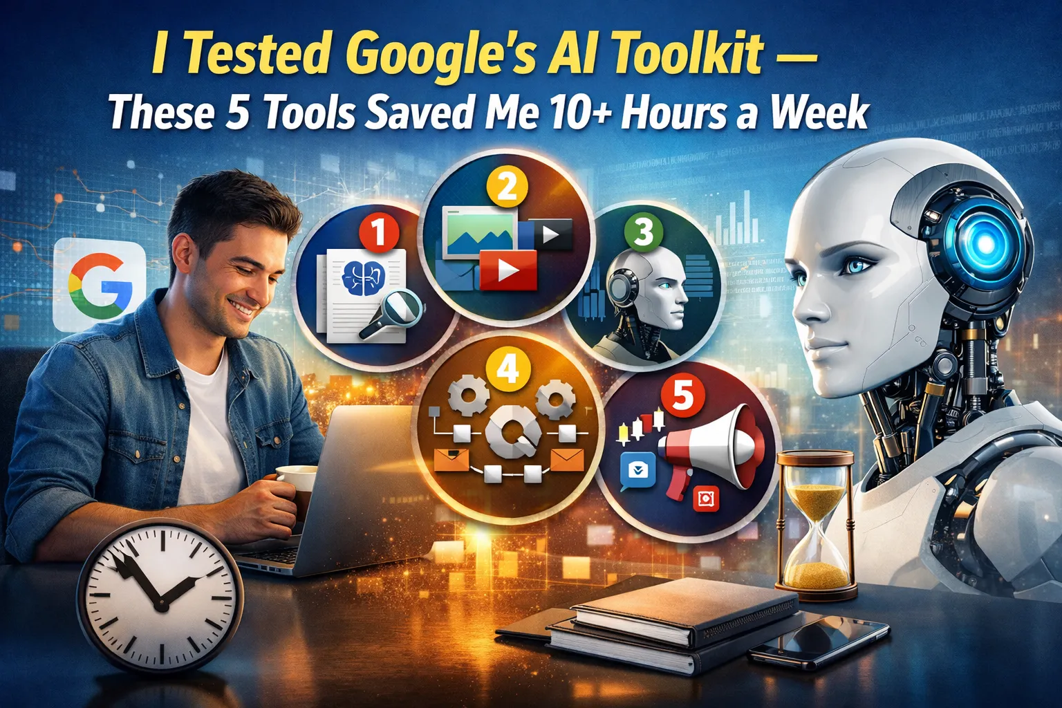 Google AI Toolkit showing five AI tools that help professionals save over 10 hours every week using automation and smart workflows
